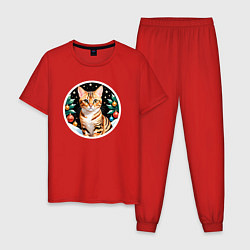 Пижама хлопковая мужская Бенгальская кошка ждет Новый Год, цвет: красный