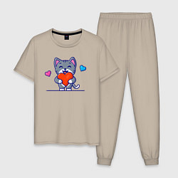 Пижама хлопковая мужская Сердечные обнимашки, цвет: миндальный