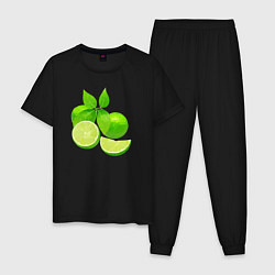 Пижама хлопковая мужская Лайм целиком с листьями, цвет: черный