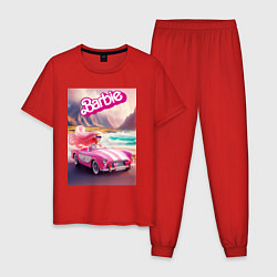 Пижама хлопковая мужская Барби в кабриолете на горной дороге, цвет: красный