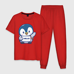Пижама хлопковая мужская Привет пингвин, цвет: красный