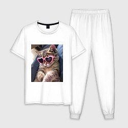 Пижама хлопковая мужская Милый мем-кот в очках в стиле аниме, цвет: белый