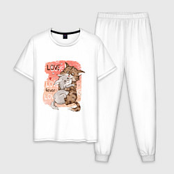 Пижама хлопковая мужская Влюбленные мультяшные коты, цвет: белый