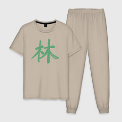 Пижама хлопковая мужская Лес иероглиф, цвет: миндальный