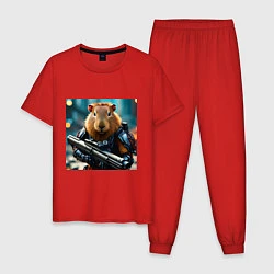 Пижама хлопковая мужская Мем вооруженная капибара и автомат, цвет: красный