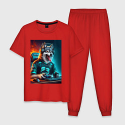 Пижама хлопковая мужская Волчара кибер спортсмен - нейросеть, цвет: красный