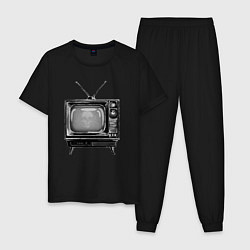 Пижама хлопковая мужская Старый телевизор черно-белый шум и череп, цвет: черный