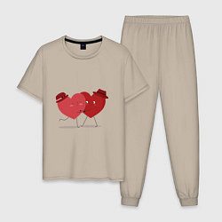 Пижама хлопковая мужская Влюбленная пара сердец, цвет: миндальный