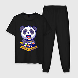 Пижама хлопковая мужская Панда и суши, цвет: черный