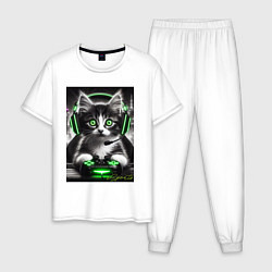 Пижама хлопковая мужская Котёнок командный геймер - киберспорт, цвет: белый