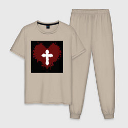 Пижама хлопковая мужская Сердце крест черный квадрат, цвет: миндальный