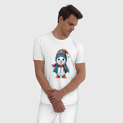 Пижама хлопковая мужская Снеговик в шапочке и с шарфом, цвет: белый — фото 2