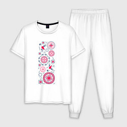 Пижама хлопковая мужская Славянские символы солнца круги и птицы, цвет: белый