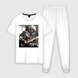 Пижама хлопковая мужская Девчонка рок гитарист с чёрным котом, цвет: белый