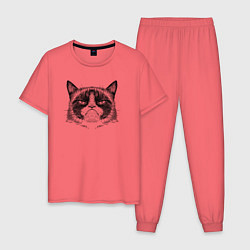 Пижама хлопковая мужская Grumpy cat мем, цвет: коралловый
