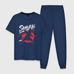 Пижама хлопковая мужская Кот самурай силуэт, цвет: тёмно-синий