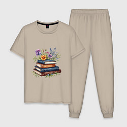 Пижама хлопковая мужская Стопка книг с полевыми цветами, цвет: миндальный