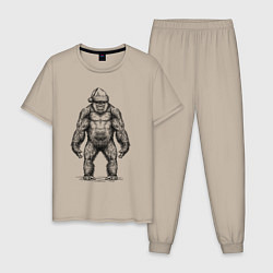 Пижама хлопковая мужская Новогодняя горилла, цвет: миндальный