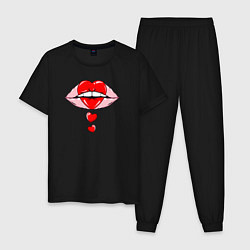Пижама хлопковая мужская Губы и сердечки, цвет: черный