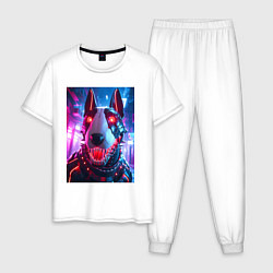 Пижама хлопковая мужская Морда кибер бультерьера - неоновое свечение, цвет: белый