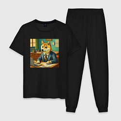 Пижама хлопковая мужская Мемная собака Doge в костюме грустно работает за с, цвет: черный