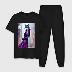 Пижама хлопковая мужская Чернобурая лиса модница - нейросеть, цвет: черный