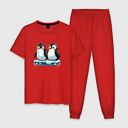 Пижама хлопковая мужская Два пингвина на льдине, цвет: красный