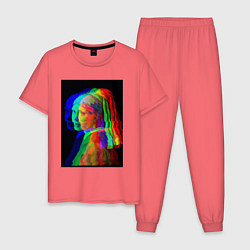Пижама хлопковая мужская Девушка с жемчужной серёжкой с глюками, цвет: коралловый