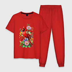 Пижама хлопковая мужская Птица красный кардинал среди цветов, цвет: красный