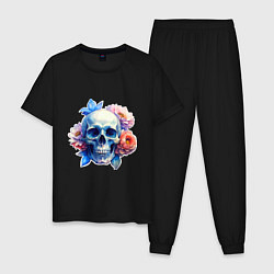 Пижама хлопковая мужская Акварельный череп в цветах, цвет: черный