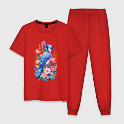 Пижама хлопковая мужская Голубая сойка среди цветов, цвет: красный