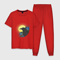Пижама хлопковая мужская Чёрный ворон на ветке под луной, цвет: красный