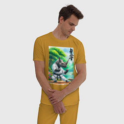 Пижама хлопковая мужская Кёкусинкай каратэ - носорог, цвет: горчичный — фото 2