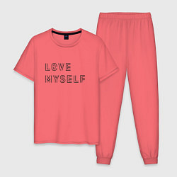 Пижама хлопковая мужская BTS love myself надпись, цвет: коралловый