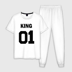 Пижама хлопковая мужская Черная футбольная надпись: король с номером 01, цвет: белый