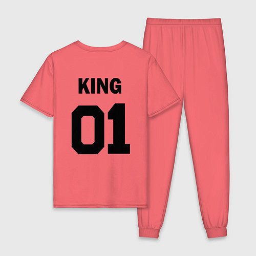 Мужская пижама Черная футбольная надпись: король с номером 01 / Коралловый – фото 2