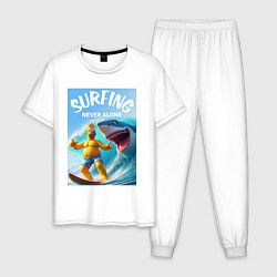 Пижама хлопковая мужская Homer Simpson and shark - surfing never alone, цвет: белый