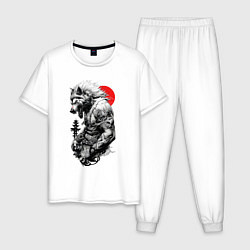 Пижама хлопковая мужская Волк воин - японская гравюра, цвет: белый