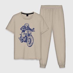 Пижама хлопковая мужская Лабрадор байкер на мотоцикле чоппере, цвет: миндальный