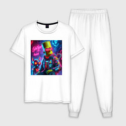 Пижама хлопковая мужская Барт Симпсон с котом роботом - нейроарт, цвет: белый