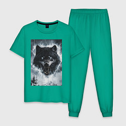 Пижама хлопковая мужская Волк с оскаленной пастью, цвет: зеленый