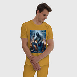 Пижама хлопковая мужская One shot one kill no luck just skill - motto, цвет: горчичный — фото 2