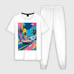 Пижама хлопковая мужская Кабриолет едет по тропическому острову в стиле Куб, цвет: белый