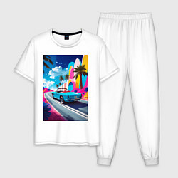 Пижама хлопковая мужская Кабриолет едет по тропическому острову, цвет: белый