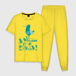Пижама хлопковая мужская Птичка и цветы в голубом, цвет: желтый