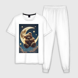 Пижама хлопковая мужская Плюшевый мишка сидит на Луне, цвет: белый