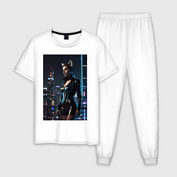 Мужская пижама Девушка с кошачьими ушами стоит на фоне небоскребо