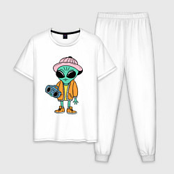 Пижама хлопковая мужская Инопланетянин с магнитофоном, цвет: белый