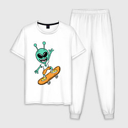 Пижама хлопковая мужская Инопланетянин на скейтборде, цвет: белый