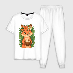 Пижама хлопковая мужская Тропическая лисичка, цвет: белый
